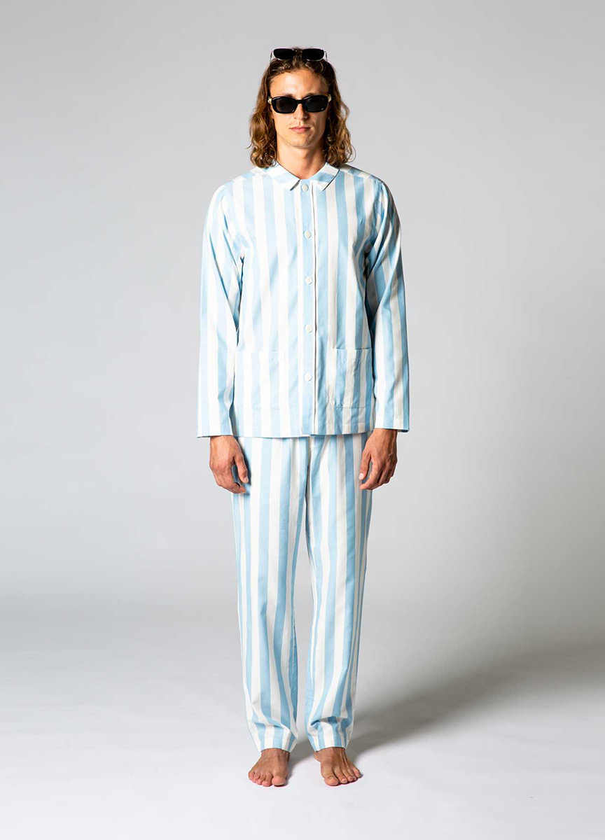 有機棉條紋睡衣套裝(藍白粗條紋)